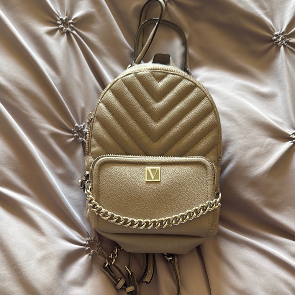 Victoria's Secret Tan Quilted Backpack with Gold Chain